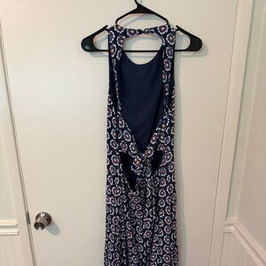 Lulu's Flirty Fave Navy Blue Boho Print Tie-Back Midi Dress, size L